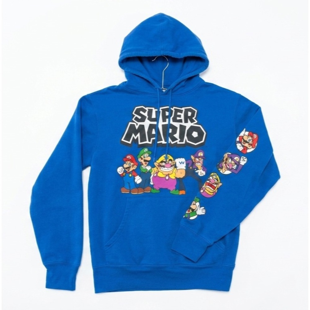 Official Nintendo Super Mario Blue Graphic Hoodie Mens Small Wario Luigi Sleeve